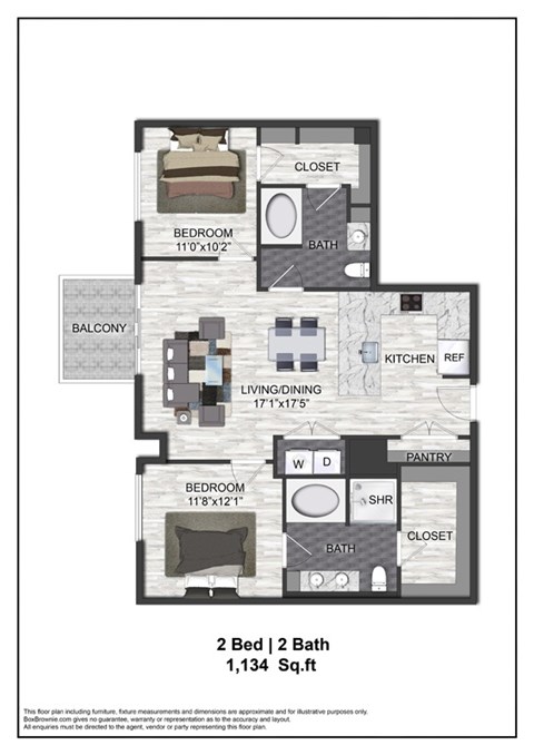 Floor plan for 2 beds, 2 baths, 1134 sqft